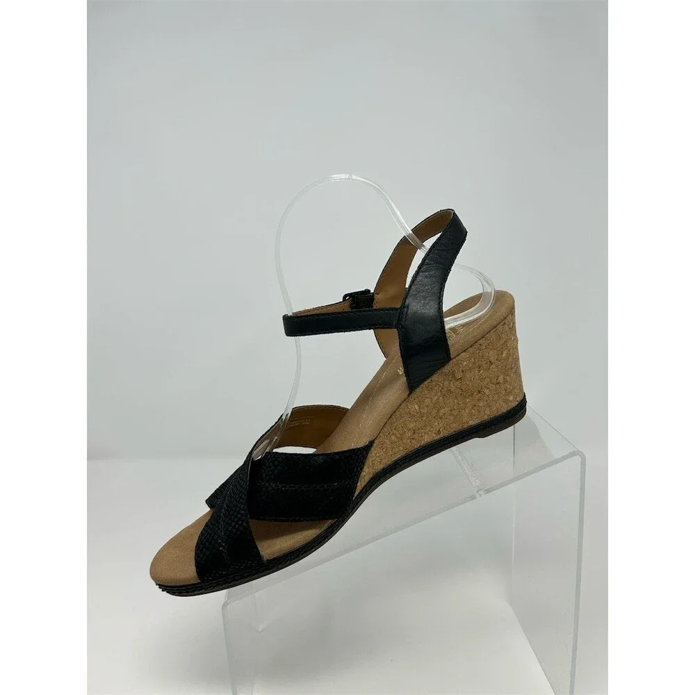 Clarks Womens Cork Wedge Sandals Black Crisscross Strappy Ankle Buckle Size 11